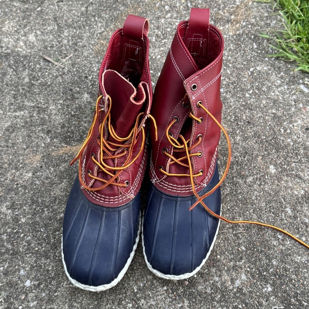 LL Bean 6 Inch Bean Boots Mens 12 M Burgundy Navy Blue Leather Duck Boots Maine - Picture 2 of 6
